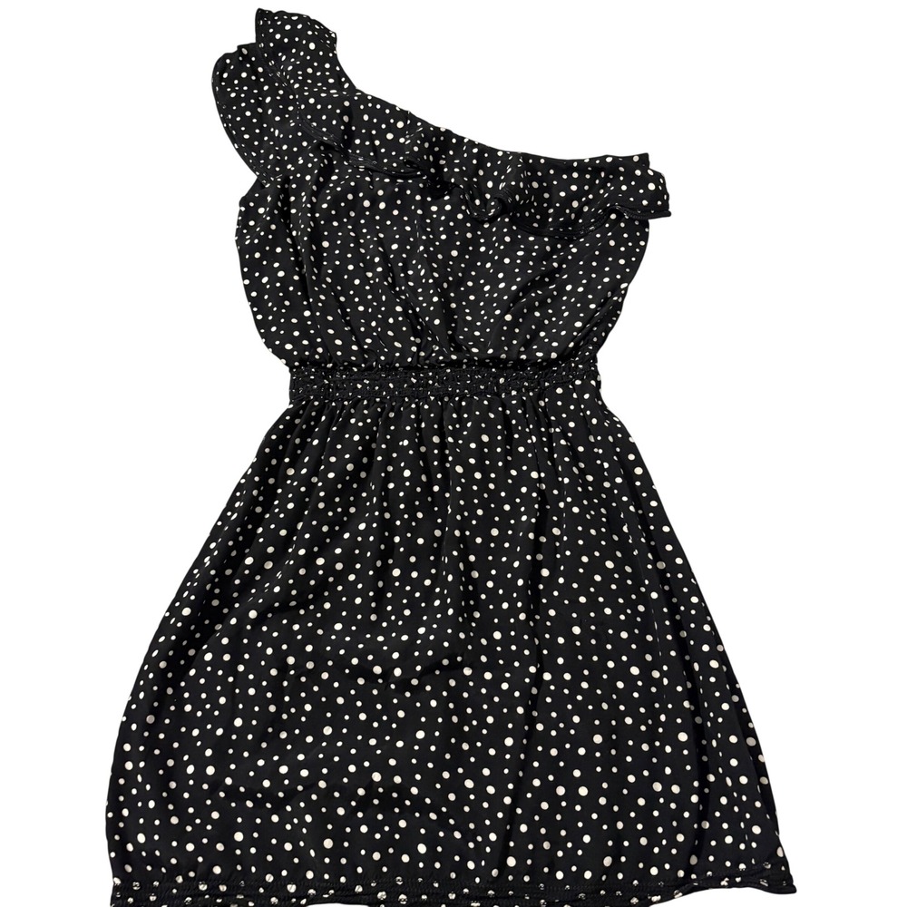 Sophie Max One Shoulder Polka Dot Ruffle‎ Mini Dress Black White LG Lightweight